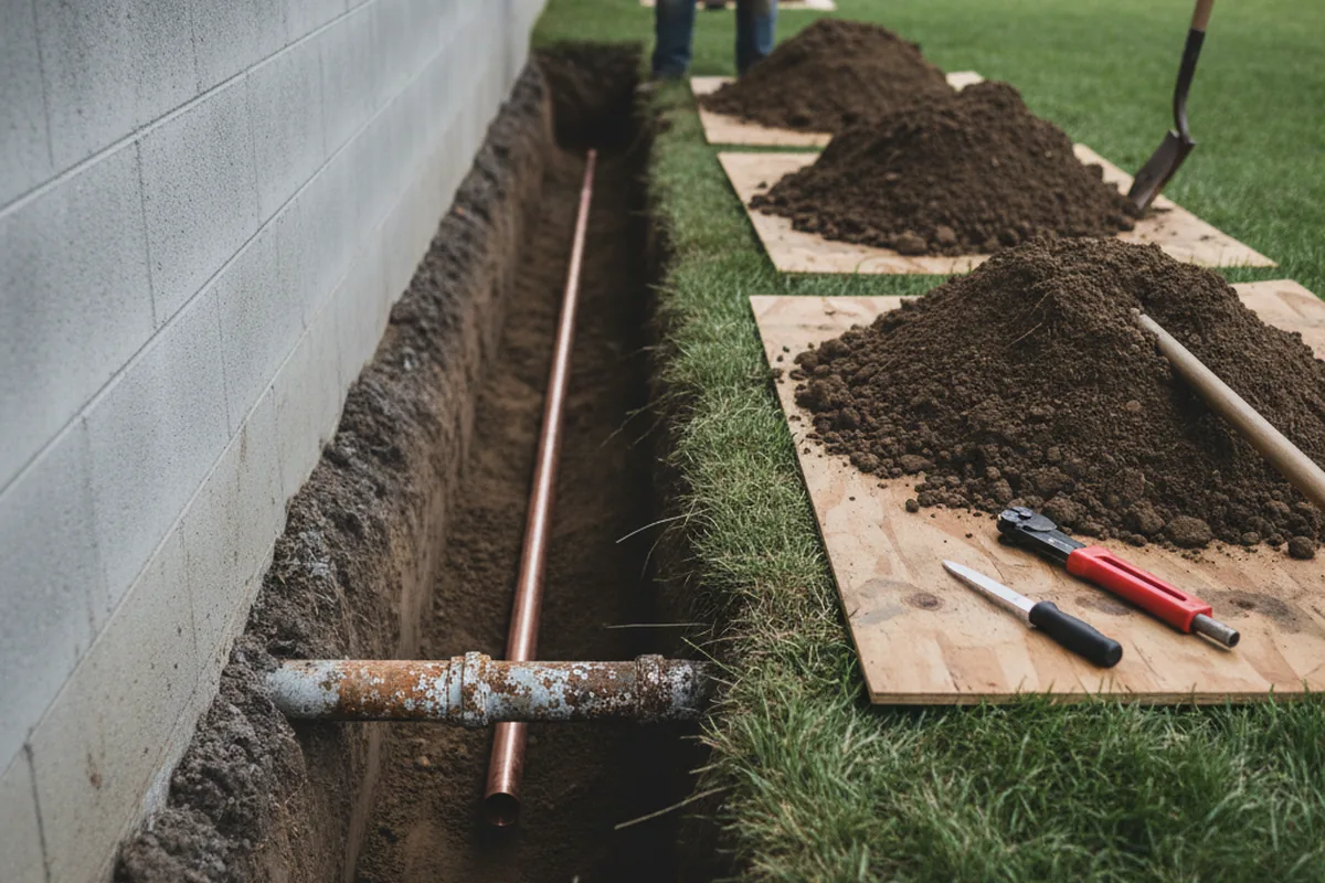 Excavated water line trench during Sewer Line Repair in Canon